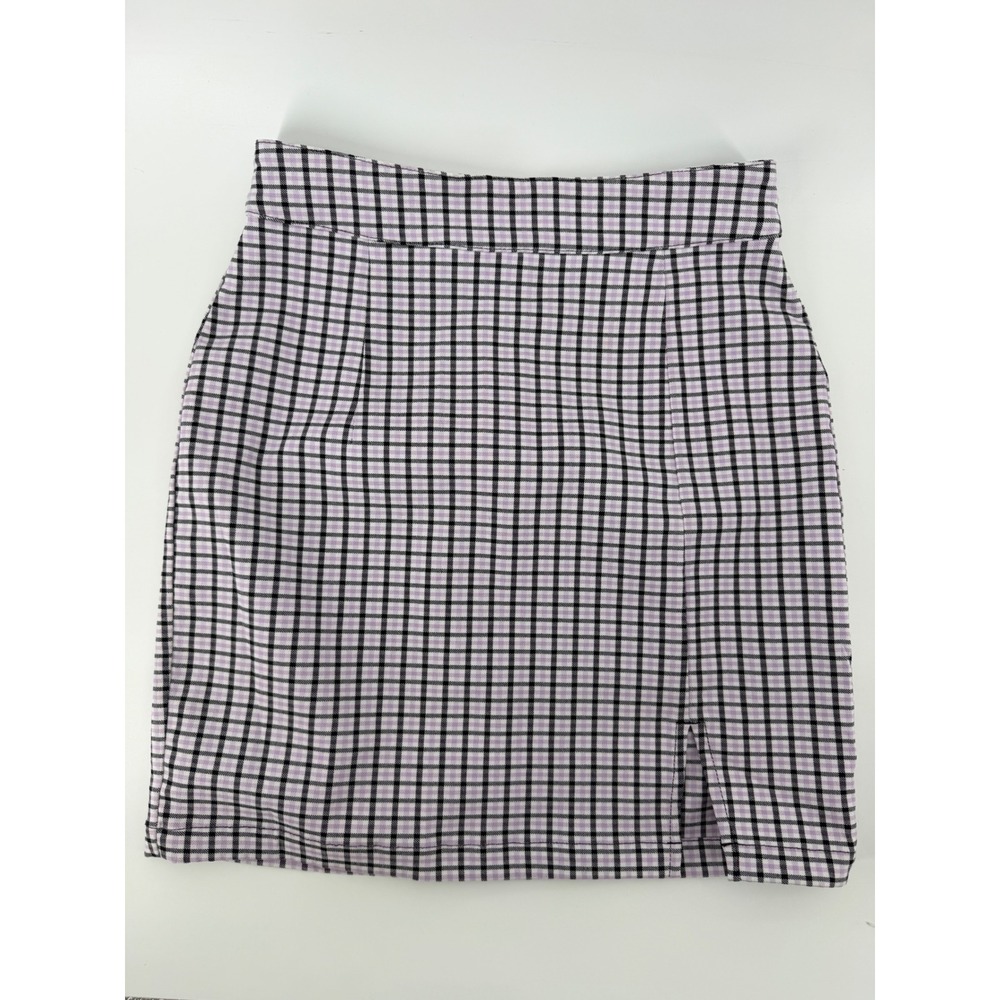Garage Plaid Mini Skirt Purple Black White High Waisted Side Slit Size XS